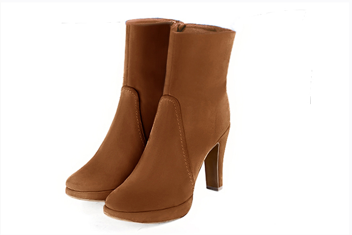 Caramel brown women's booties, with a zip on the inside. Round toe. Very high slim heel with a platform at the front - Florence KOOIJMAN